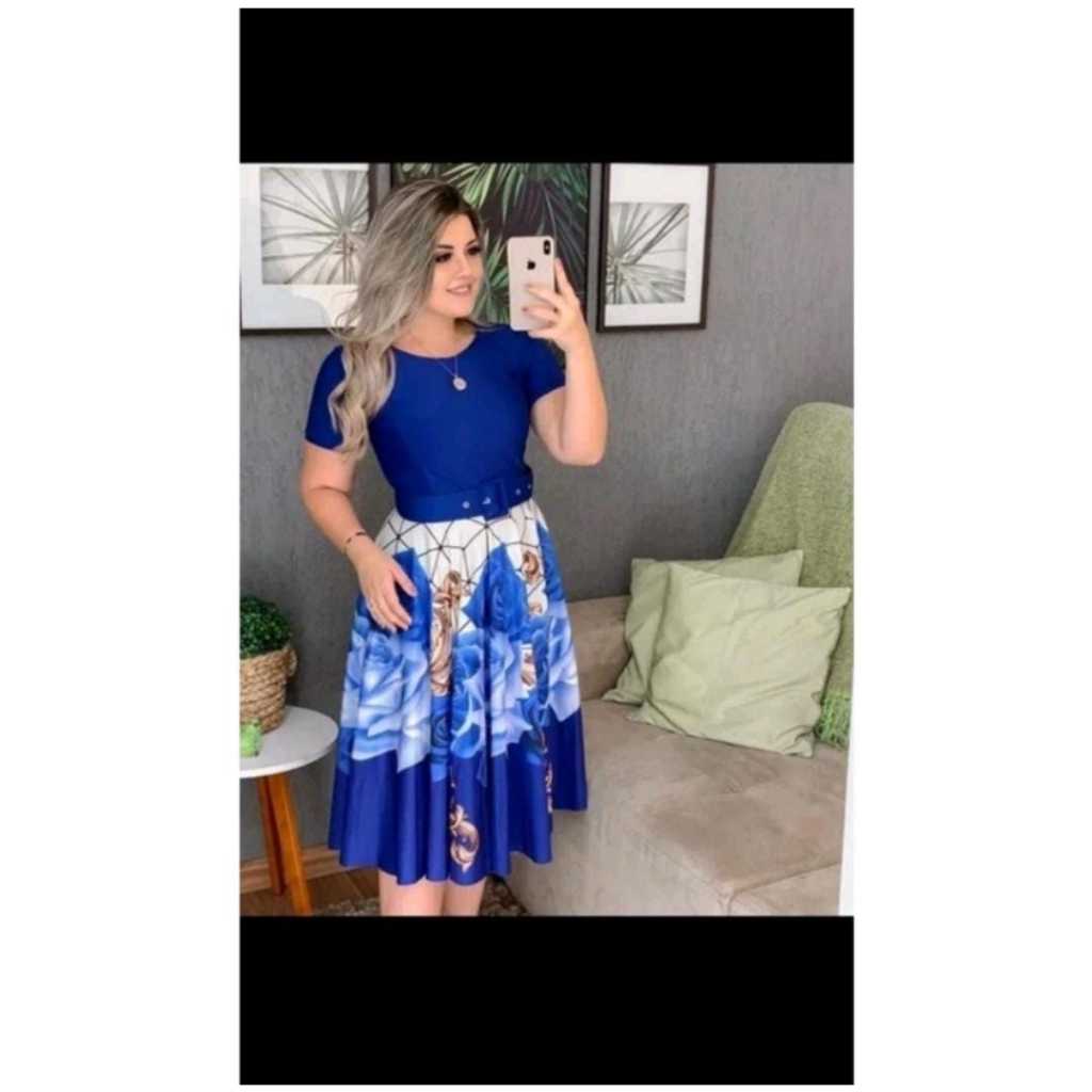 Vestido Feminino Midi Boneca Godê Evangelico Com Cinto VESTIDO EVANGELICO AZUL