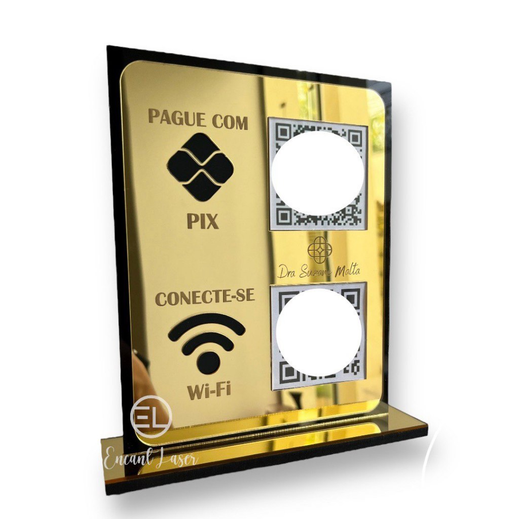 Placa Display de Mesa Personalizada e Balcão para 2 QR Code WHATSAPP PIX INSTAGRAM Acrílico Dourado Prata Rosa Espelhado