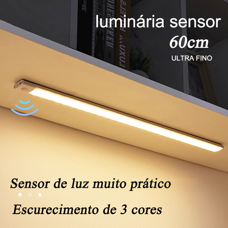 60cm 3 Cores - Luminária LED com USB Recarregável e sensor de presença de Movimento