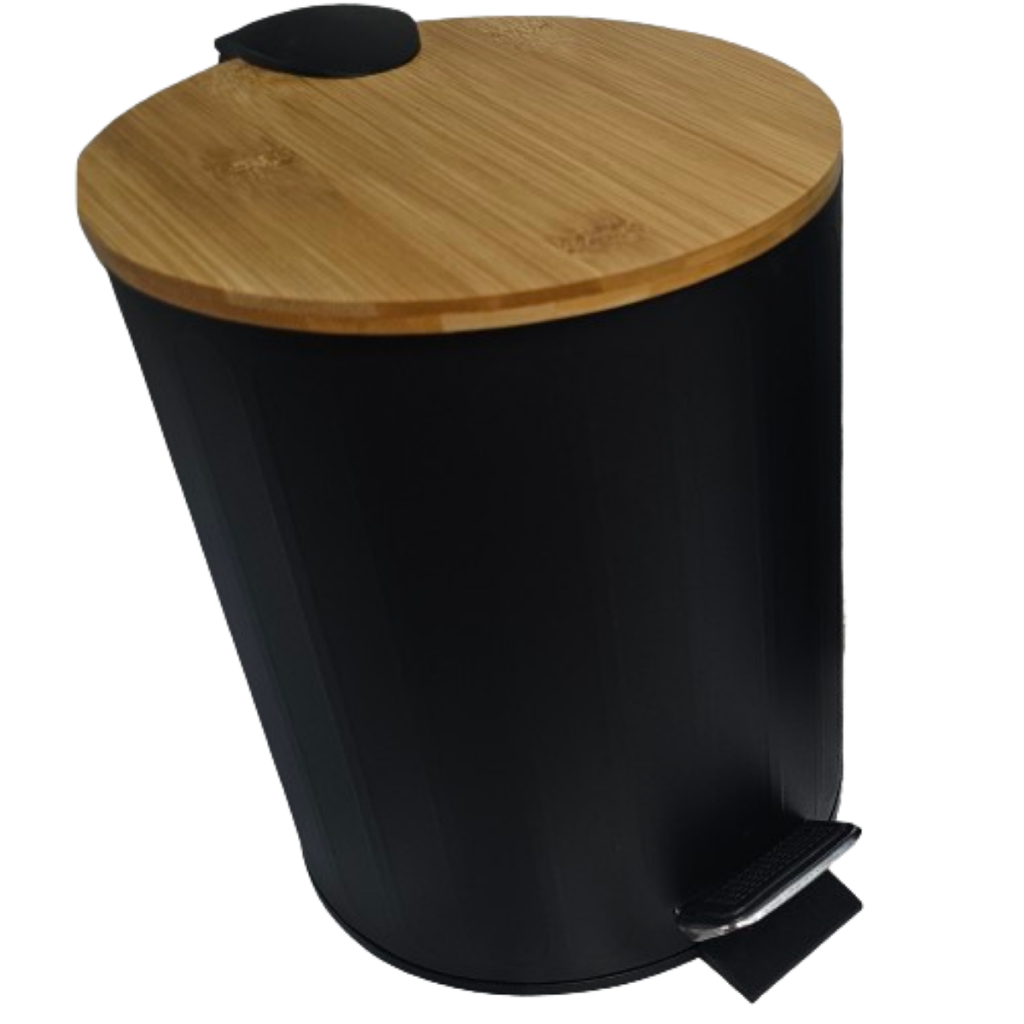 Lixeira Wincy Preta Redonda Frisada 5 Litros Cozinha Banheiro Escritório Cesto Com Pedal Tampa Bambu