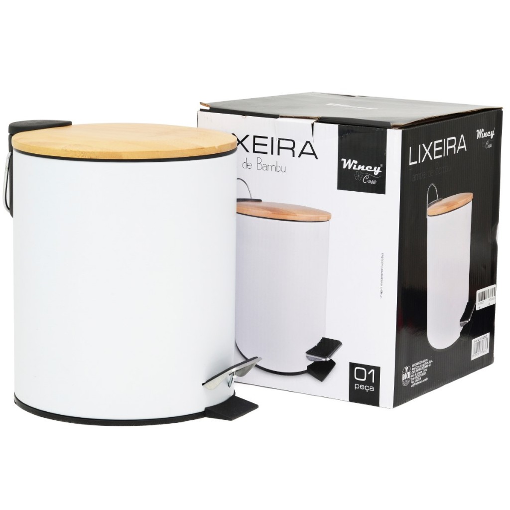 Lixeira Wincy Branca Redonda Lisa 5 Litros Cozinha Banheiro Escritório Cesto Com Pedal e Tampa Bambu