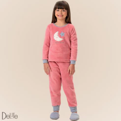 Pijama Feminino Infantil Manga Longa Fechado Fleece Peludinho Ted Estampado Confortável para o Frio