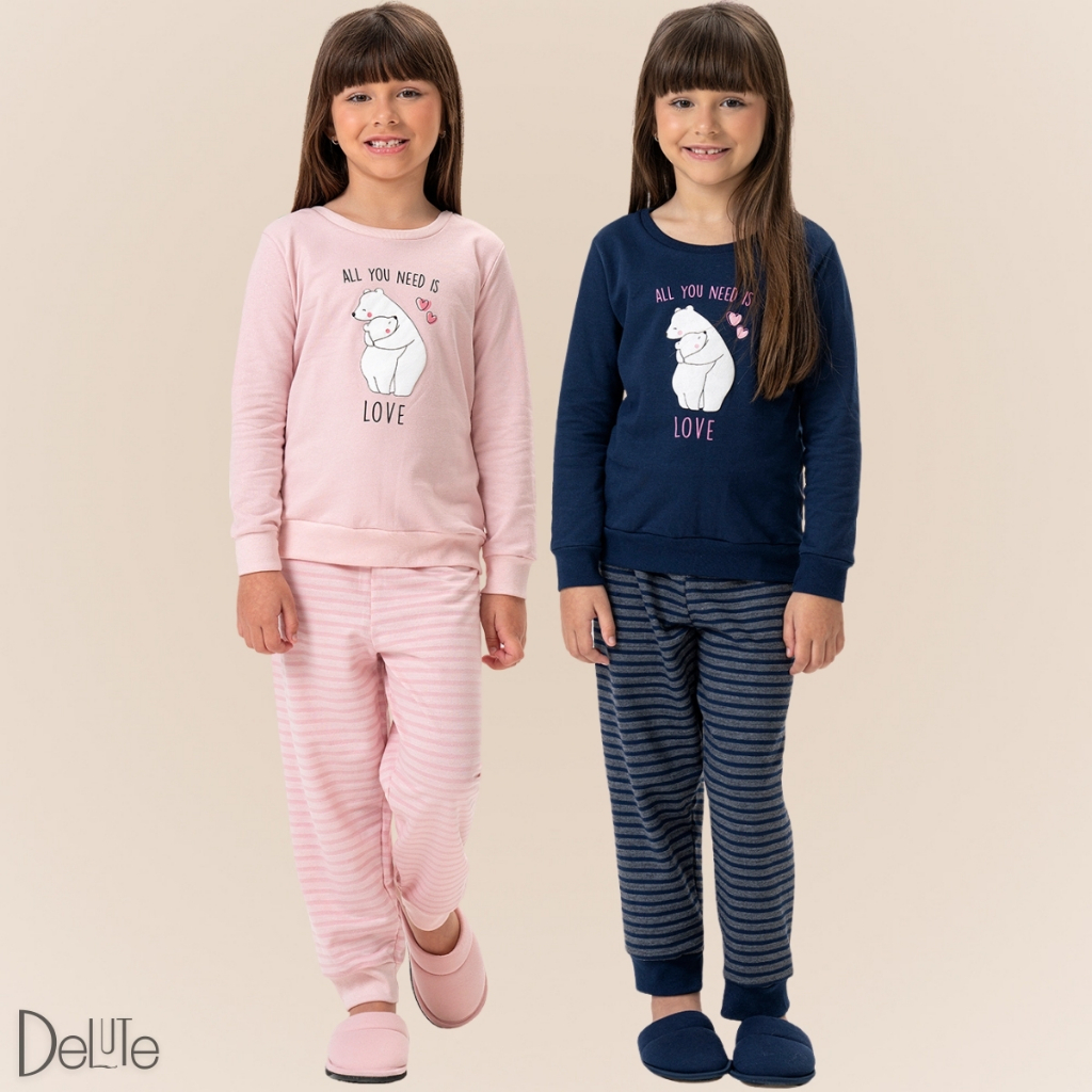 Pijama Feminino Manga Longa Estampado Infantil Casual Moletinho em Algodão Confortável de Inverno