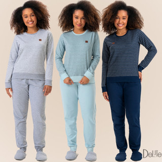 Pijama Adulto Feminino Manga Longa Listrado Moletinho de Inverno Confortável em Algodão para o Frio em Oferta na Shopee