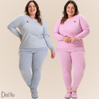 Pijama Adulto Feminino Manga Longa Listrado Plus Size Moletinho de Inverno Confortável em Algodão em Oferta na Shopee