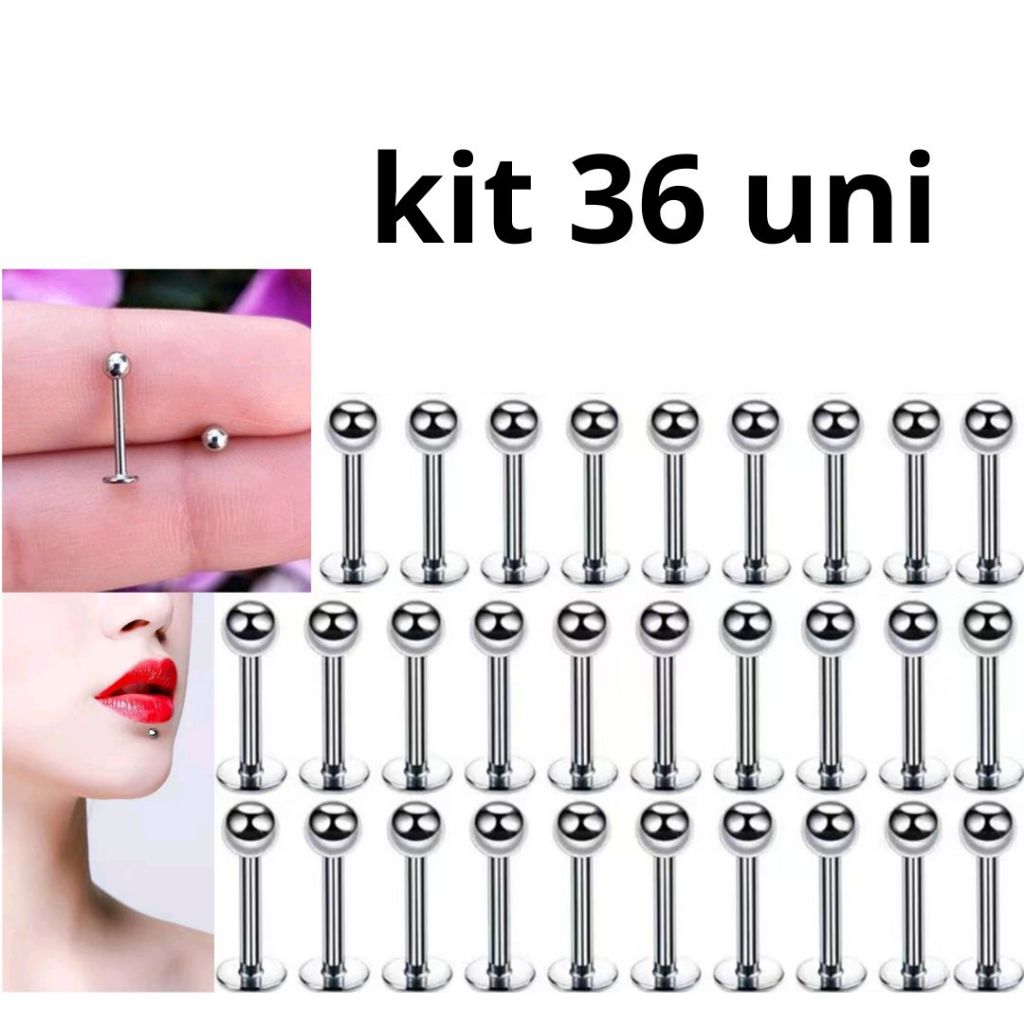 kit 36 Piercing Labret Lábios Boca Tragus Conch Aço inoxidável Cirúrgico em Oferta na Shopee