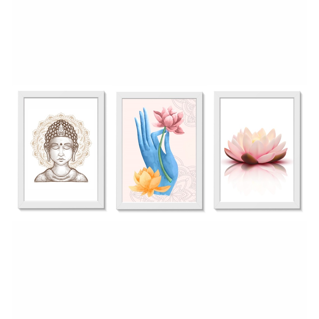 Kit 3 Quadros Decorativos Espaço Budista e de Yoga e Meditação Buda e Flor-de-lótus A4 Molduras Brancas