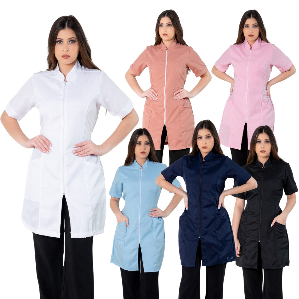 Jaleco Feminino Acinturado Básico Gola Padre Oxford Manga Curta Com Zíper Varias Cores