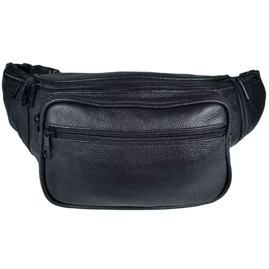 Pochete De Couro Legitimo Cintura Espaçosa 6 Bolsos