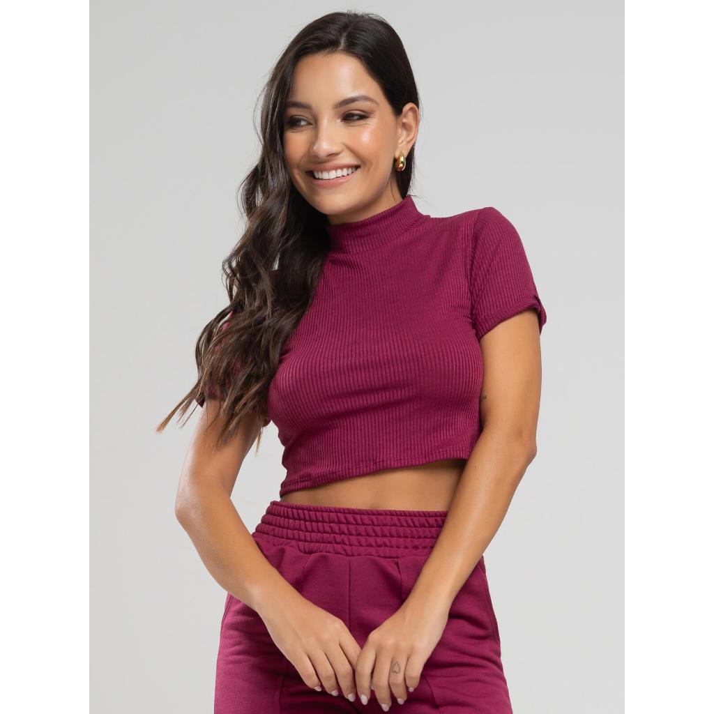 Blusa Cropped Básico Gola Alta Canelado Manga Curta Casual Moda Feminina