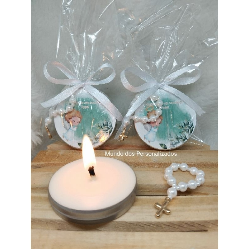 10 velas personalizadas e Mini terço lembrancinha de batizado tercinho branco