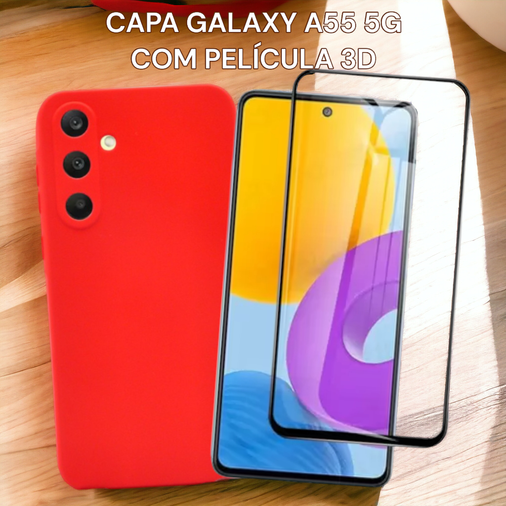 Capa Silicone Interior Aveludada Modelo Galaxy A55 5G Com Película 3D