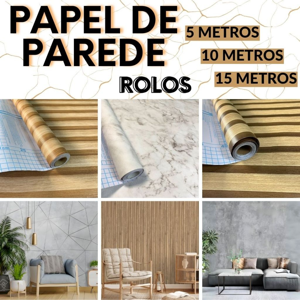 Papel de Parede 3d Adesivo Autocolante Decorativo 5 Metros  Para Sala Ripado Cinza Amadeirado Marmorizado Tijolinho Infantil Para Quarto Autoadesivo