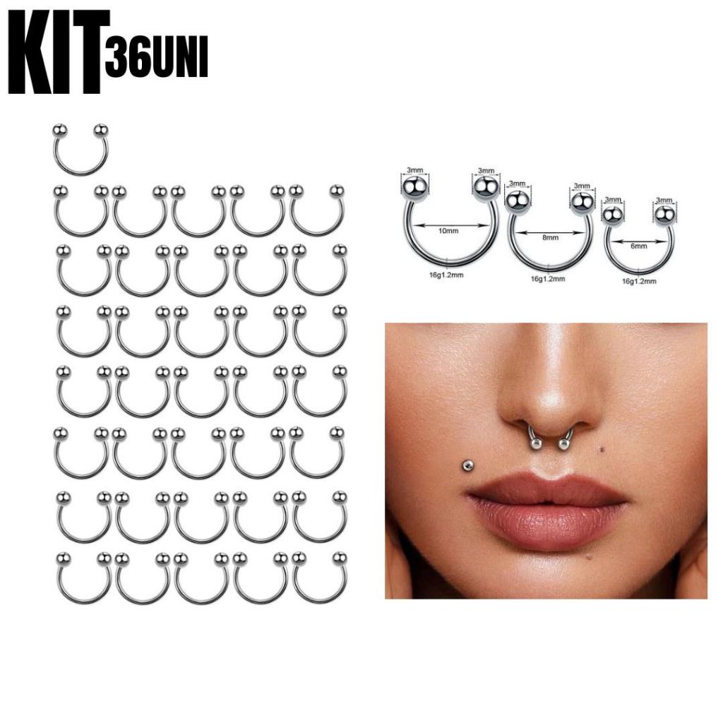 KIT 36 pçs Piercings Ferradura em aço cirúrgico rosca em Oferta na Shopee