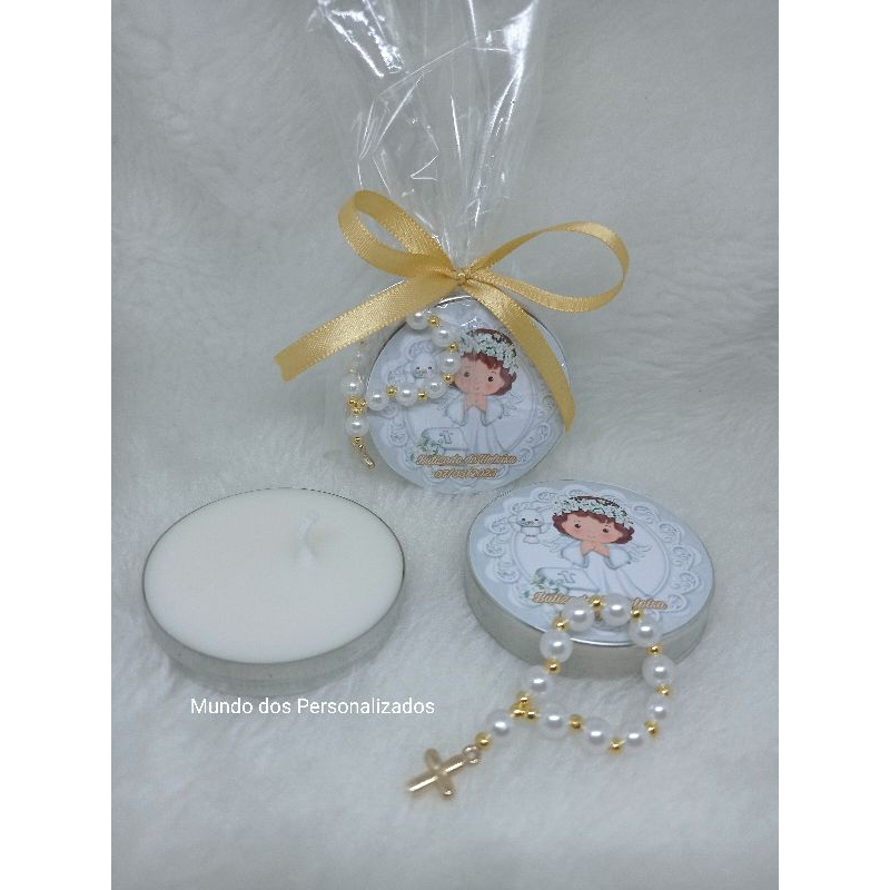10 velas na latinha e Mini terço lembrancinha de batizado/ batismo anjinha