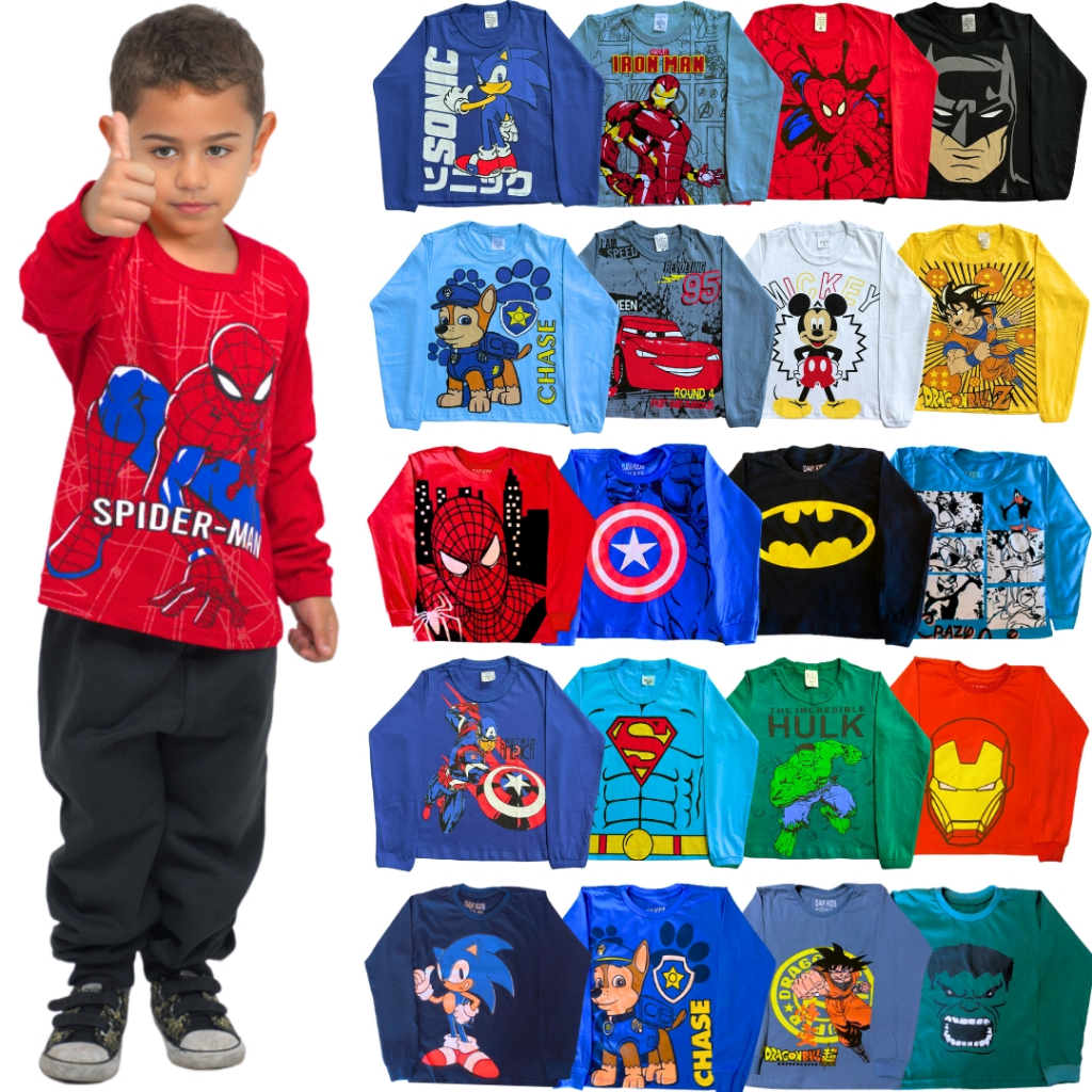 Kit 2 Camisetas Infantil Manga Longa Estampada Menino