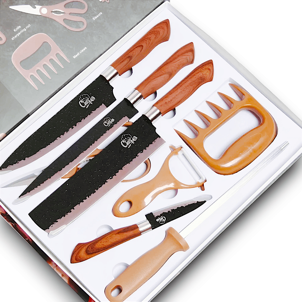 jogo de Facas 8 utensílios peças Inox antiaderente luxo profissional Churrasco Cozinha com Garra e amolador premium presente