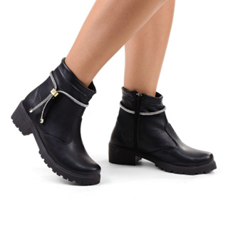 Bota Coturno Feminina Tratorada Cano Curto Com Strass Confortável Flexível Moda Festa Zíper Lateral em Oferta na Shopee