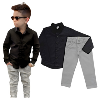 Roupa Social Infantil Masculina Manga Longa Preto Com Bege em Oferta na Shopee