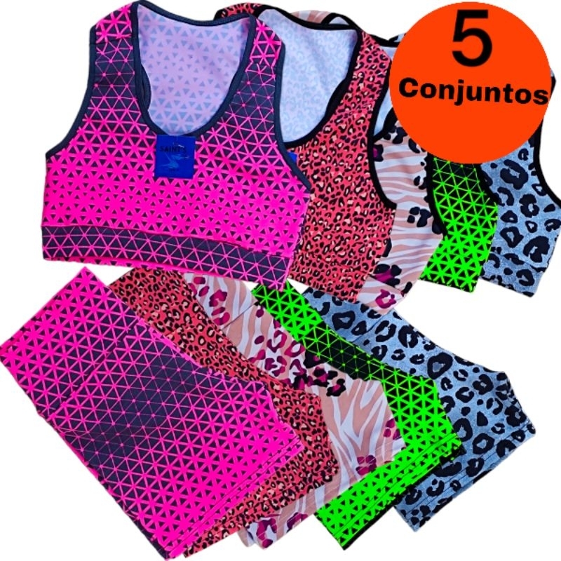 Kit 5 Conjuntos Fitness Feminino Estampados ou Lisos para Academia e Treino