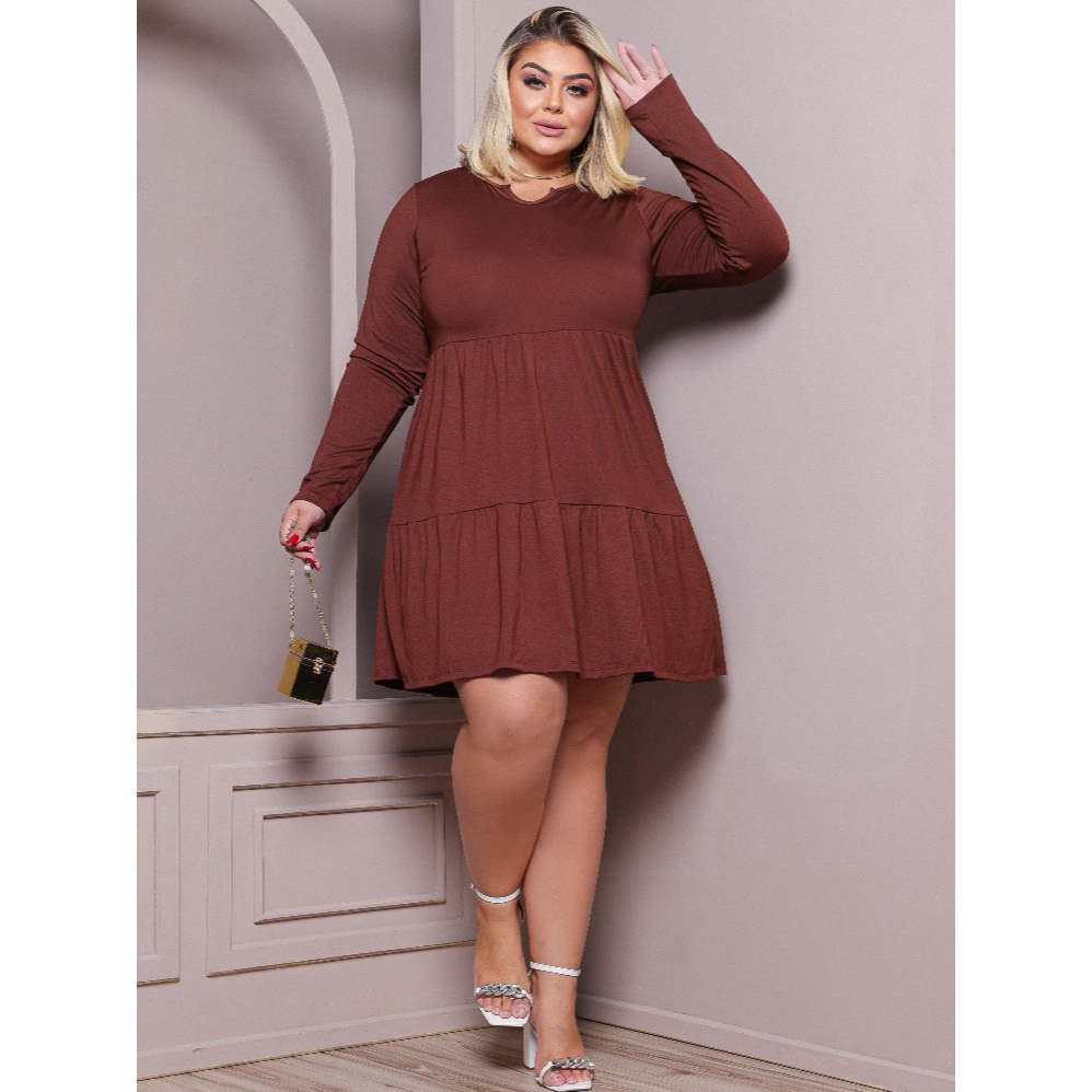 Vestido Plus Size Midi Curto Soltinho Básico Manga Longa Inverno Acinturado em Oferta na Shopee