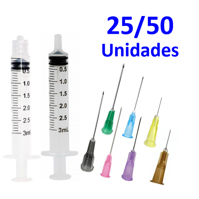Seringa 3ml Liso ou Rosca + Agulha 25/50 Unid Medix/Descarpack/SR