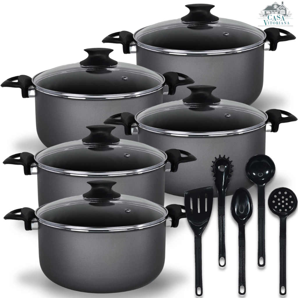 Imagem Jogo De Panelas Caçarolas Premium 16 a 24 cm Antiaderente 5 Camadas De Teflon Cor Preto Grafite