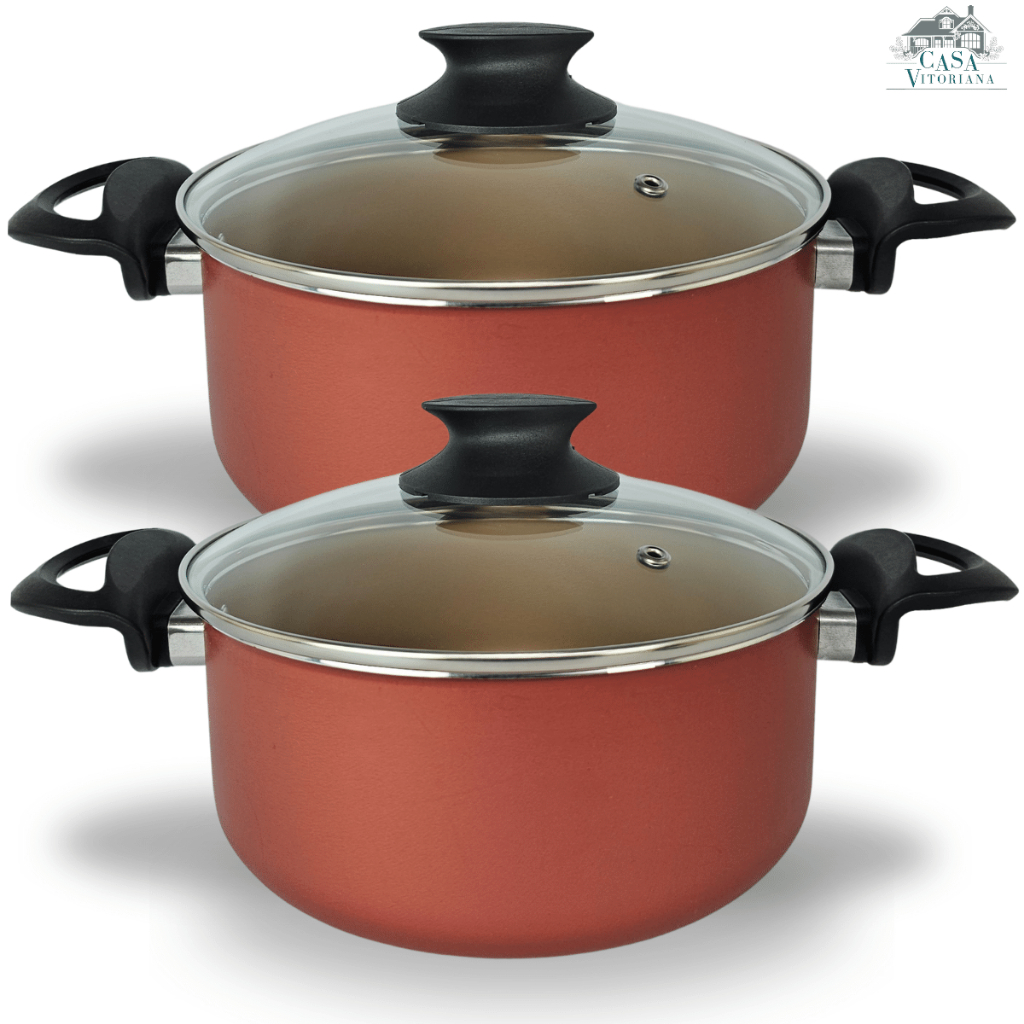 Panelas Caçarolas Premium 02 Peças TAMANHO GRANDE 22 e 24 Antiaderente Teflon Cor Cereja e Dourado em Oferta na Shopee