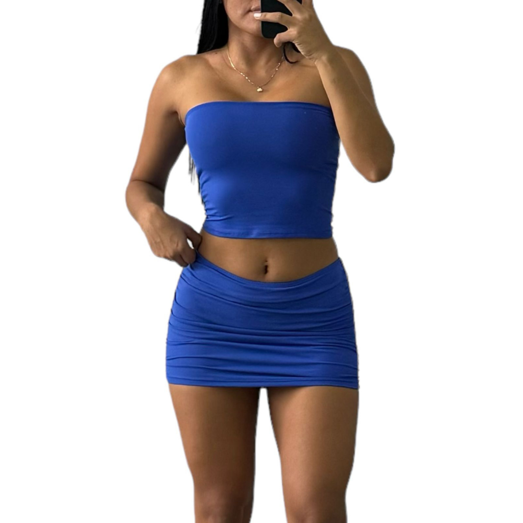 Conjunto Curto SUPLEX Tube Top Faixa Forrado com Mini Saia Drapeado Suplex em Oferta na Shopee