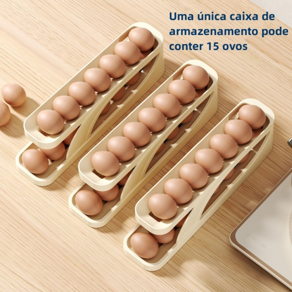 Kit 3  Porta Ovos Suporte 2 Andares Rolante Para 15 Ovos Dispenser de Ovos Armazenamento e Organizador de Geladeira e Cozinha a Caixa Inteligente para uma Organização Eficiente Suporte de Ovos