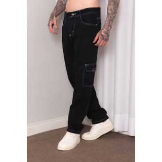 Calça jeans Cargo masculina custura branca Botão branco /preto em Oferta na Shopee