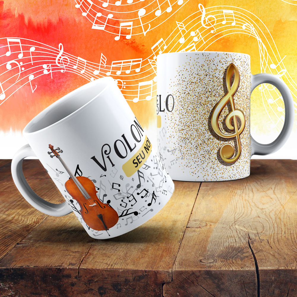 Caneca Personalizada  Violoncelo Violoncelista Instrumento Musical Banda Notas Musicais COM NOME