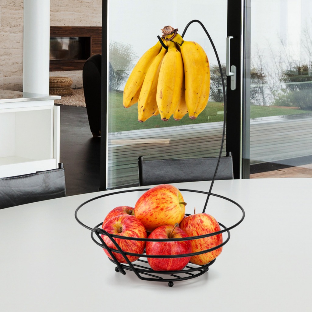 Fruteira Com Suporte Banana Aramado Cesta Organizadora Moderna Mesa Vidro Redonda Preto Bl...