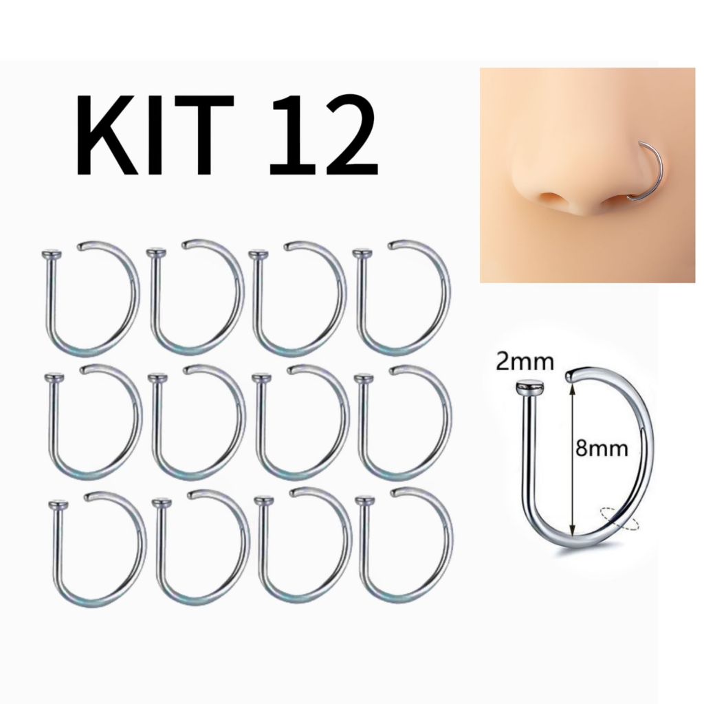 Kit 12 unidades Piercing De Nariz Nostril D-ring em aço cirúrgico em Oferta na Shopee