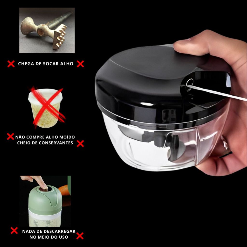 Processador de Alimentos Triturador Moedor Manual 3 Lâminas Aço Inox Para Alho Cebola Legumes Carnes