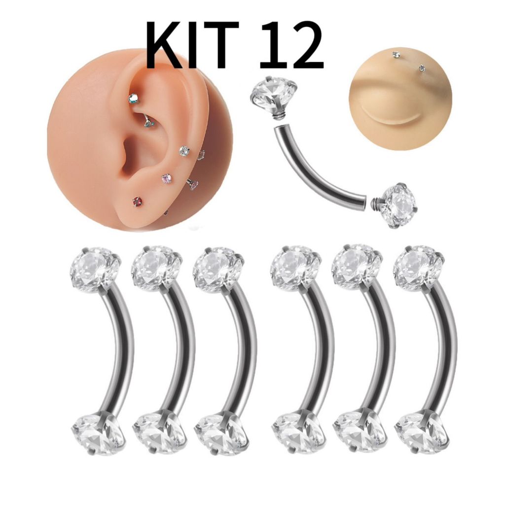 Kit 12 Piercing Microbell Curvo Zircônia Redonda Aço Tragus, Helix, Rook, Conch, Sobrancelha em Oferta na Shopee
