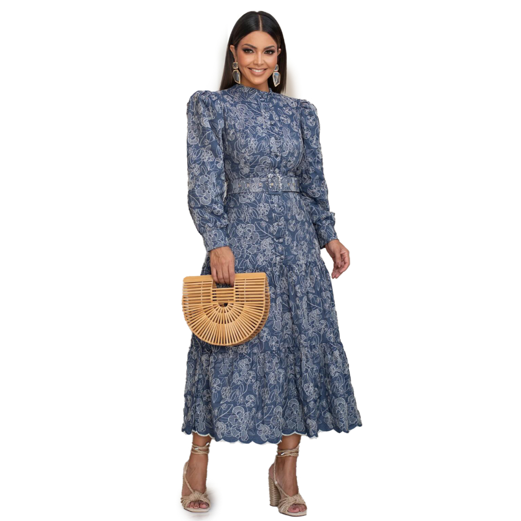 Vestido Evangélico Andressa com Cinto Gola Alta Midi Bordado Manga Longa Festa Princesa Inverno Cn