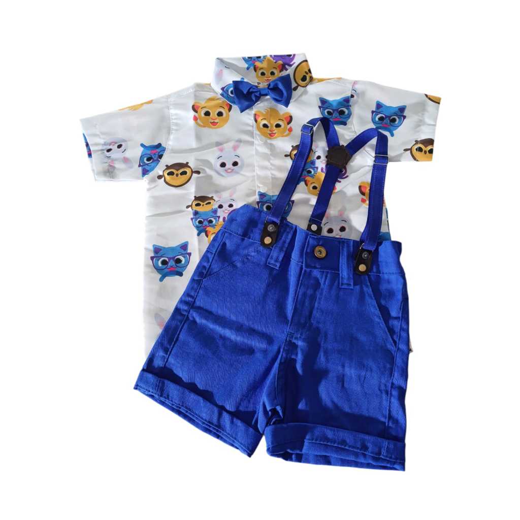 Conjunto Bermuda Suspensório gravata Temático BOLOFOFO Aniversários e Festas.