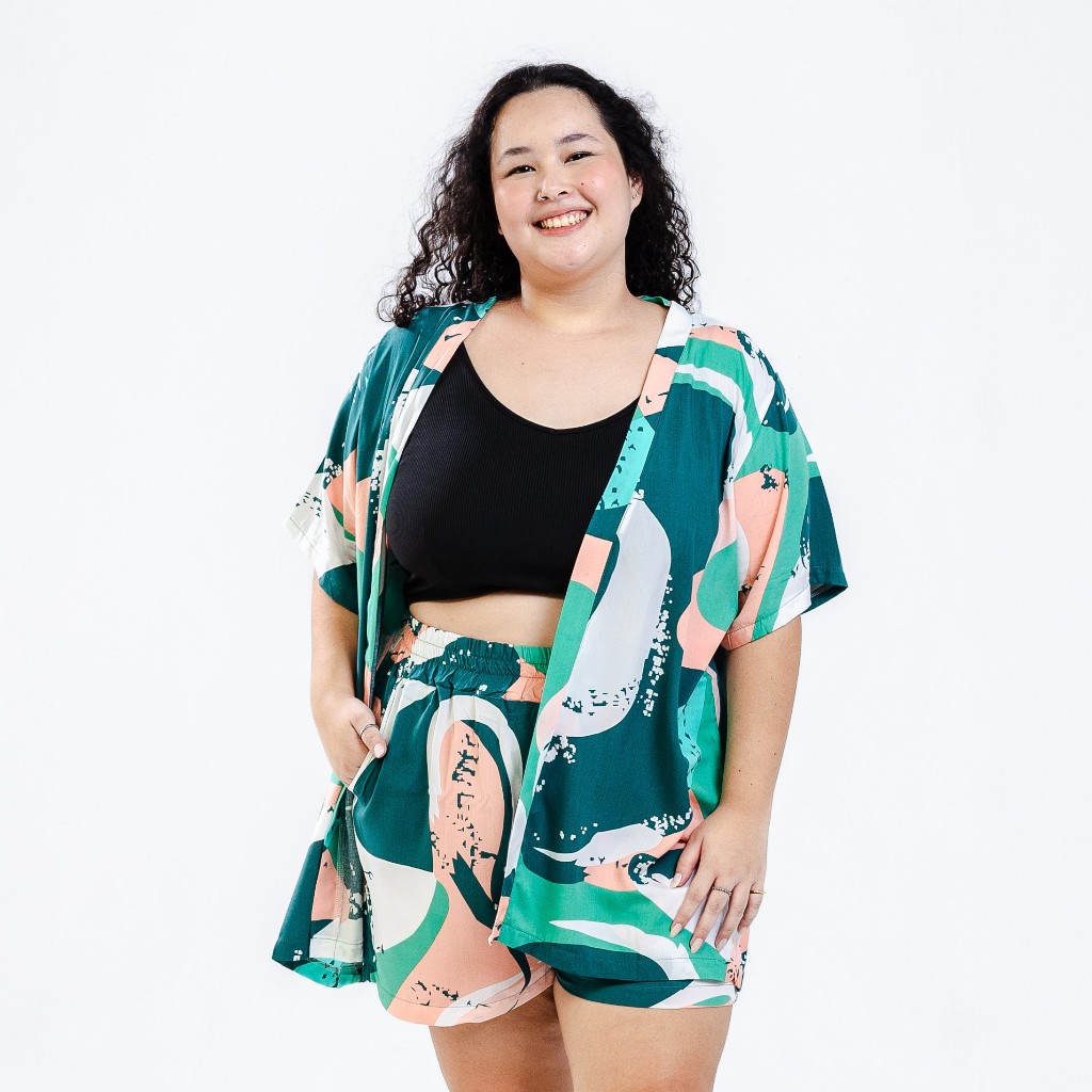 CONJUNTO FEMININO KIMONO E SHORTS COM ELÁSTICO PLUS SIZE 100% VISCOSE