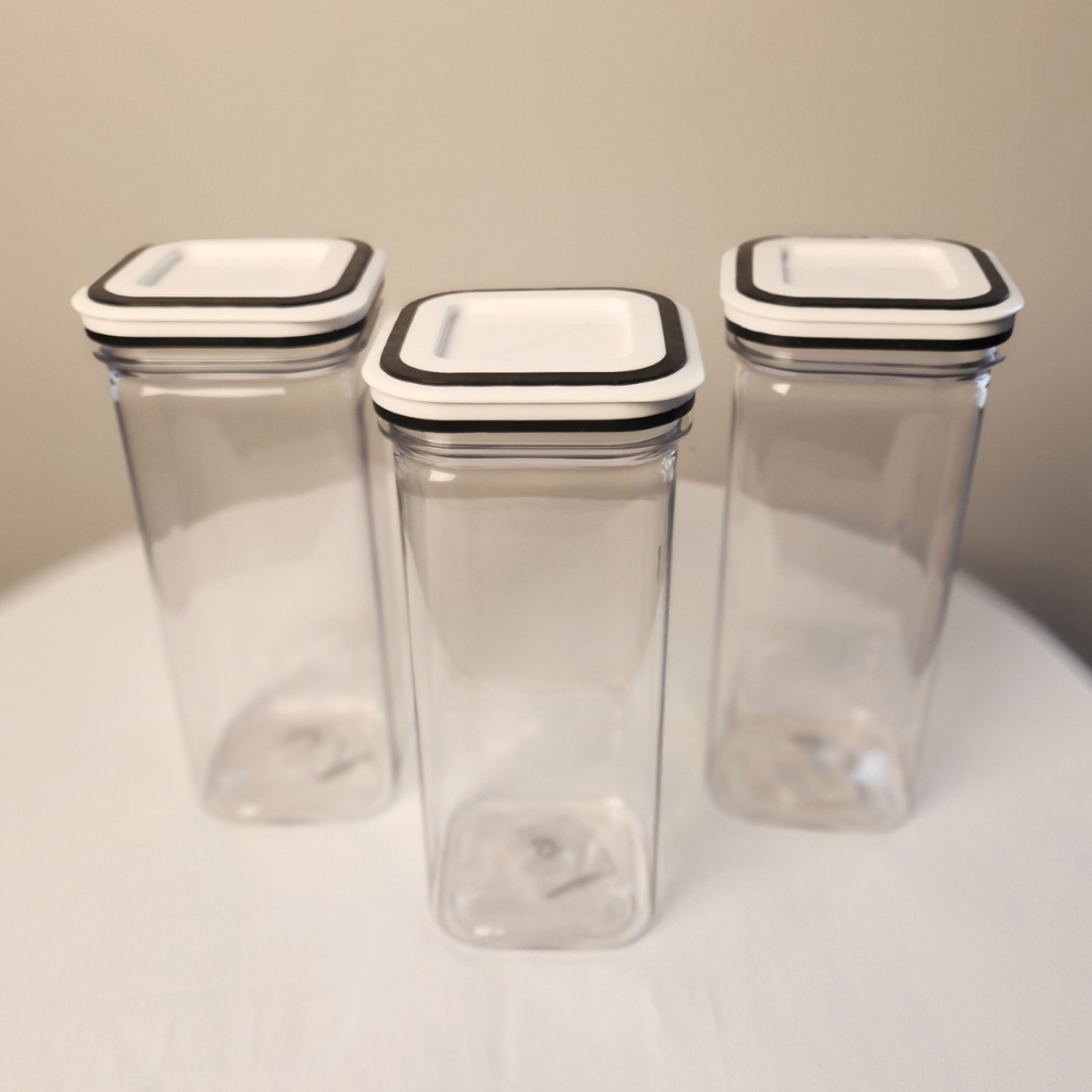 Kit 3 Potes Herméticos 1000ml Quadrado Preto Plástico para Mantimentos Vedação Máxima Transparente