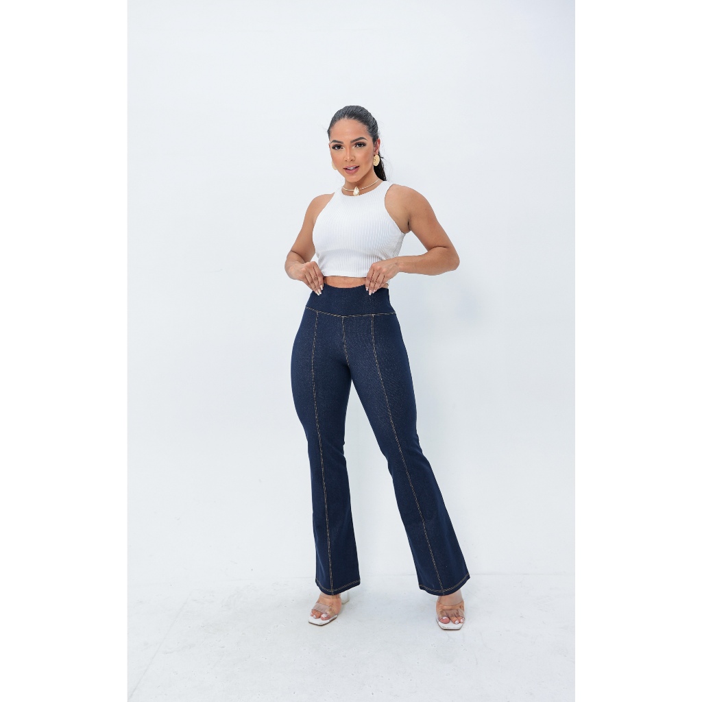 CALÇA FLARE IMITA JEANS TECIDO COTTON BOCA DE SINO DO M AO GG