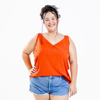 Regata Feminina Plus Size Lisa e Estampada Com Botao Alça Larga 100% Viscose Decote V