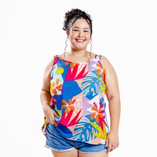 Blusa Regata Alça Larga Viscose Estampada e Lisa Feminina Decote "U" Plus Size Soltinha