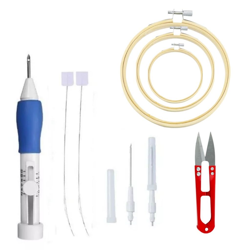 Kit Agulha Magica Caneta Bordar Ponto Russo Punch Needle Bastidores Trava Regulável com Tesoura