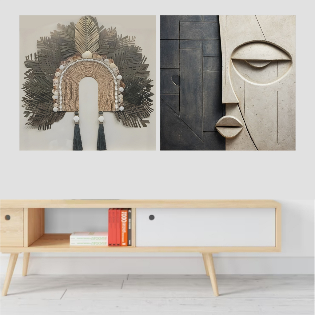 QUADRO DECORATIVO - COCAR BOHO - COMPOSIÇÃO INDIANO E PEDRA - 60 X 60 - TOP