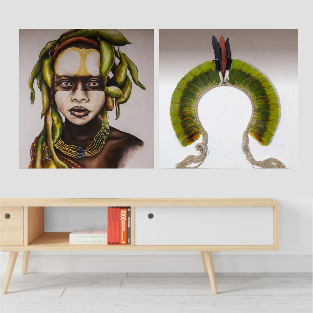 QUADRO DECORATIVO - BOHO VERDE - COMPOSIÇÃO MENINO E COCAR - 60 X 60 -