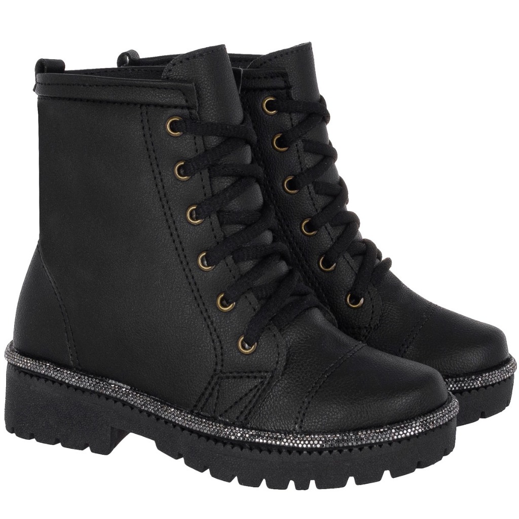 Bota Feminino Klicpé Cano Curto Coturno Strass Tratorada Infantil Juvenil Menina Salto Baixo Fosca