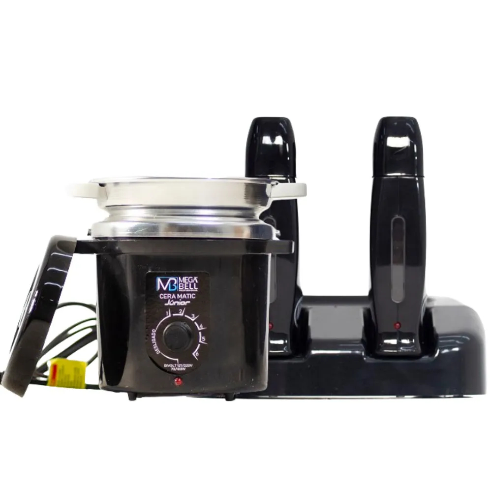 Termocera Panela Depilação 400g c/ Refil Preto + Base Dupla c/ 2 Rollon Preto Mega Bell