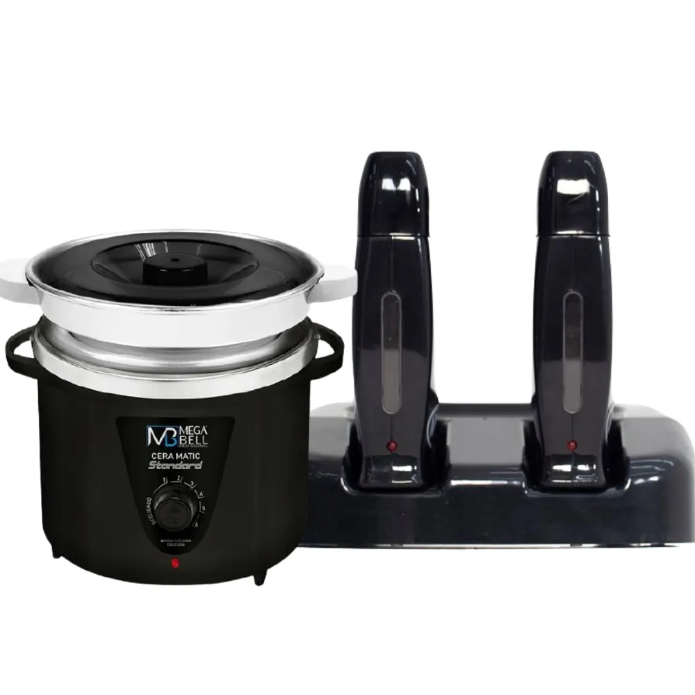 Termocera Panela Depilação 900g c/ Refil Preto + Base Dupla c/ 2 Rollon Preto Mega Bell