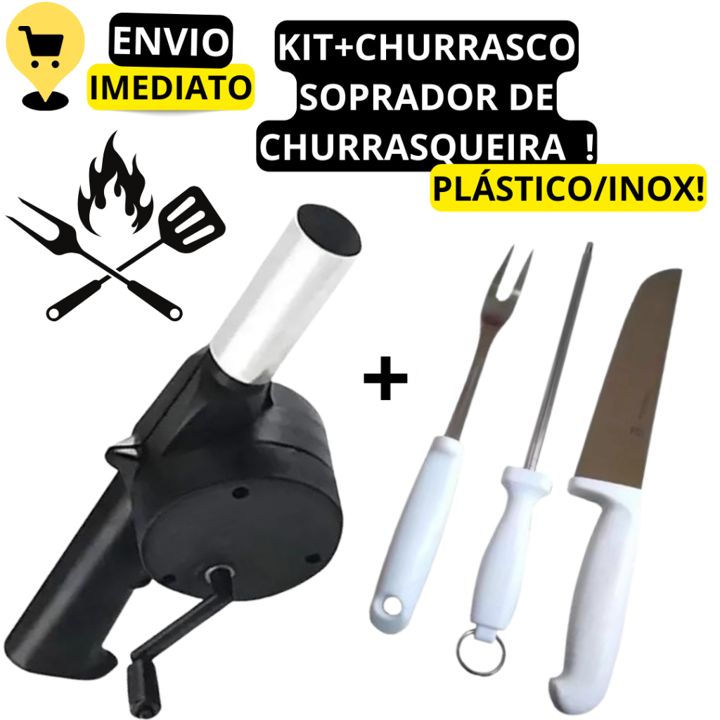 Kit De Churrasco 3 Peças Faca Garfo Chaira MAIS Soprador Acendedor Para Churrasqueira Original Fazedor de Vento Manual Prático e Moderno Para Churrasqueira Para Churrasco Aquece